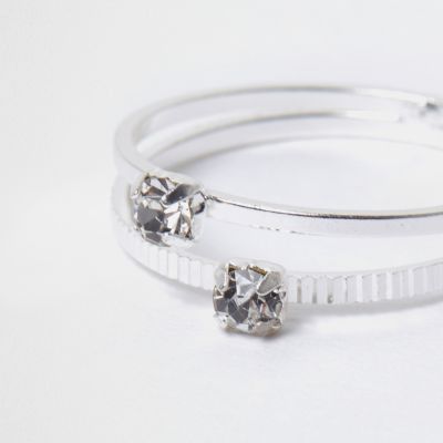 Silver tone crystal double row ring